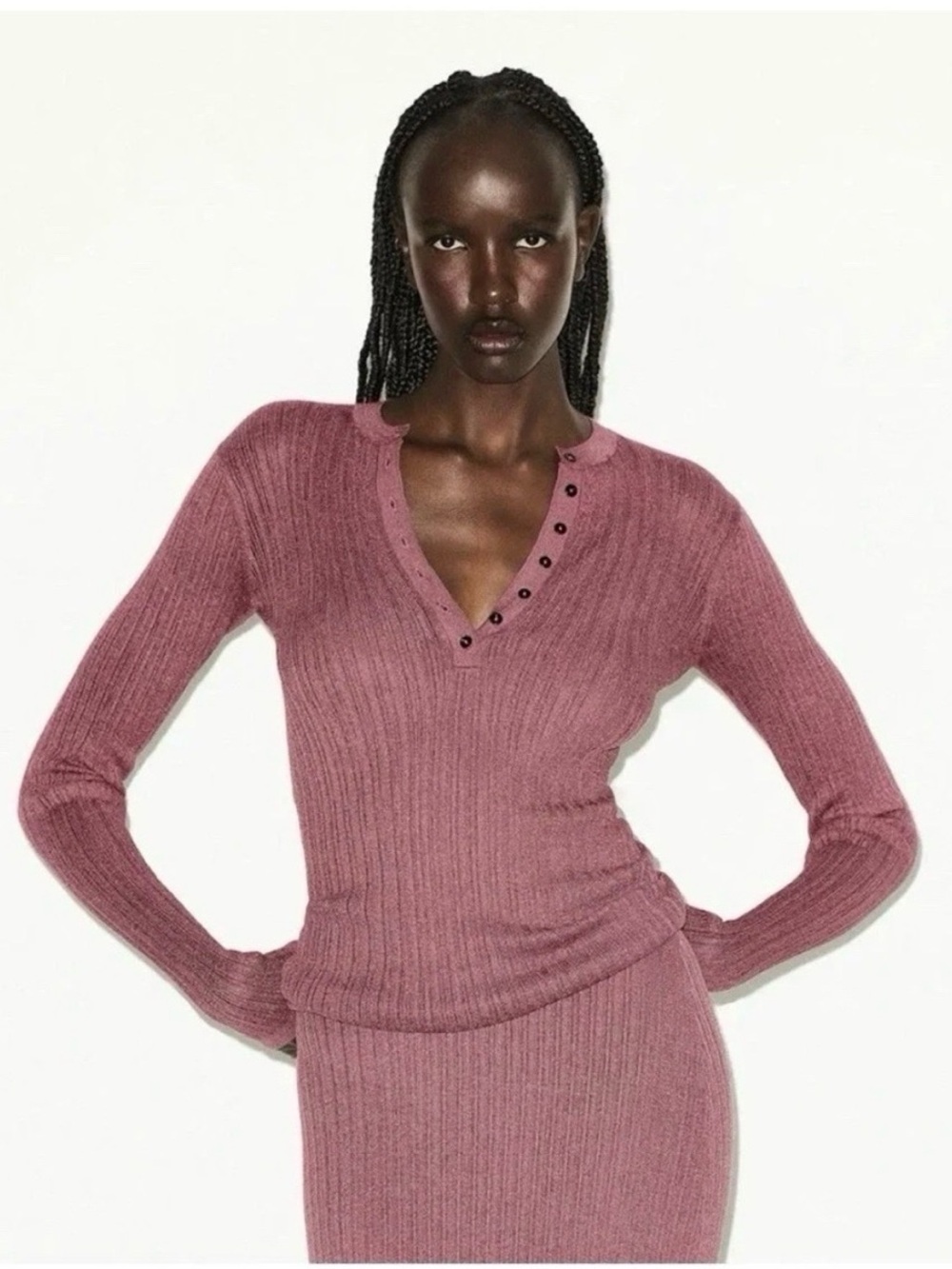Skims Sheer Knit Henley Long Sleeve Shirt in Beet